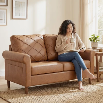 HOMCOM Sofá de 2 Plazas de PU con Patas de Madera Respaldo con Costuras Sofá Moderno para Salón Dormitorio Marrón