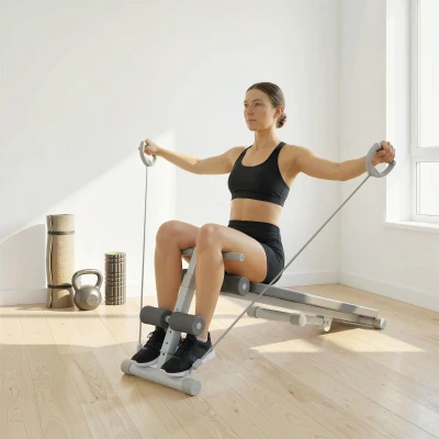 SPORTNOW Banco de Abdominales Ajustable Multifunción, 141x52x54-71 cm, Azul y Blanco