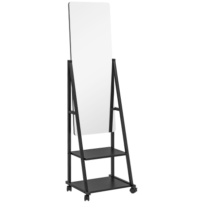 HOMCOM Full-Length Mirror on Wheels with Storage Shelves
