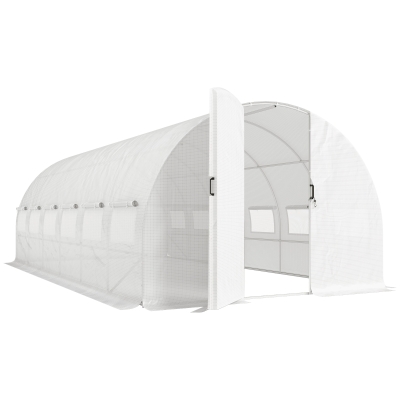 Outsunny Estufa de Túnel 6x3x2 m com Porta de Dobradiças,12 Janelas com Rede e Estrutura de Aço Galvanizado Branco