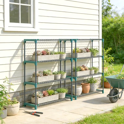 Outsunny Set van 2 plantenstandaards, 4-laags 104 cm hoog plantenstandaard voor binnen en buiten, Staal Donkergroen