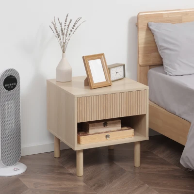 HOMCOM Mesita de Noche Mesilla de Noche con Cajón y Estante Abierto Estilo Moderno para Dormitorio 47x47x50 cm Madera Natural