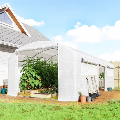 Outsunny Estufa Túnel 6x3x2 m com 3 Portas Enroláveis, 6 Janelas com Rede e Estrutura de Aço Galvanizado Branco