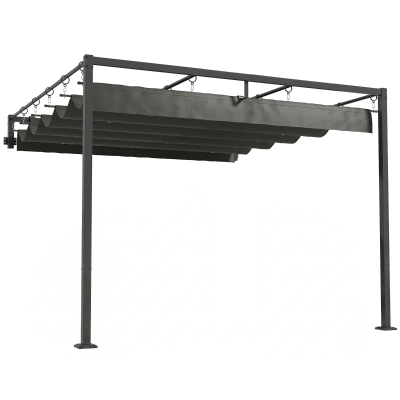Outsunny Pérgola de Pared de Jardín 3x3 m con Techo Retráctil Protección UPF30+ Drenaje Cenador de Jardín para Exterior Gris