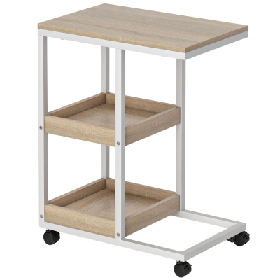 HOMCOM Mesa Auxiliar em Forma de C com Rodas Prateleiras Abertas e Estrutura em Aço para Sala ou Quarto 51x33x66 cm Madeira e Branco