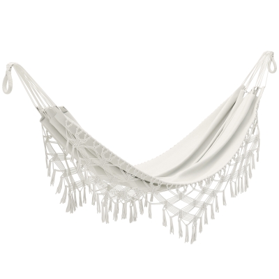 Outsunny Hamac Exterior Boem, Hamac de grădină Suspendat cu Franjuri și Sac de Transport extra-larg 288 x 150 cm, Bej