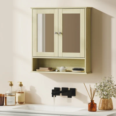kleankin Armario de Baño con Espejo Armario de Pared con 2 Puertas Estante Abierto Estante Ajustable 56x13x58cm Natural