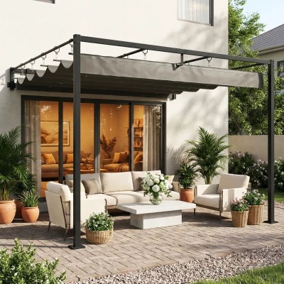 Outsunny Pérgola de Pared de Jardín 3x3 m con Techo Retráctil Protección UPF30+ Drenaje Cenador de Jardín para Exterior Gris