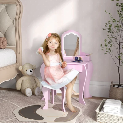ZONEKIZ Coiffeuse Enfant Rose avec Miroir, Tabouret et Tiroir Bois