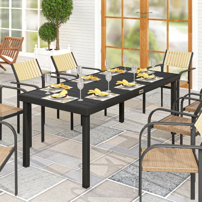 Outsunny Masă de Grădină cu Blat Textură Lemn 190x90 cm pentru 8 Persoane, Masă de Dining de Exterior Dreptunghiulară din Aluminiu și Plastic, pentru Terasă, Balcon, Negru