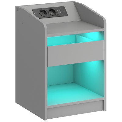 HOMCOM Mesita de Noche con Estación de Carga Luz LED RGB Cajón Estante Abierto Puertos USB y Control Remoto 40x40x58 Cm Gris