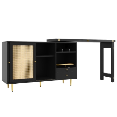 360° giratorio mesa alta de diseño extensible con tablero abatible, armario de almacenamiento con puerta de ratán + estantería abierta, 107x40x71,4 cm, Negro