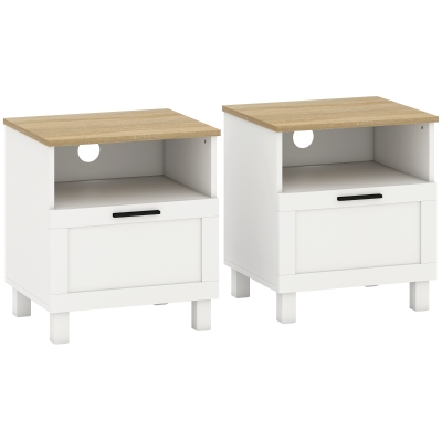 HOMCOM Juego de 2 Mesitas de Noche Mesillas de Noche con Cajón Compartimento Abierto Patas de Madera 45x38x50 cm Blanco