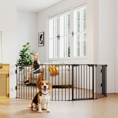 PawHut Barreira de Segurança para Animais de Estimação Barreira Dobrável de 5 Painéis com Fechadura Inteligente 300x74,5 cm Preto