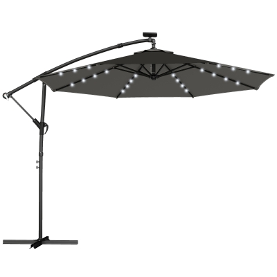 Outsunny Parasol lateral LED solar aprox. Ø300 cm giratorio Parasol con manivela base funda protectora Gris oscuro