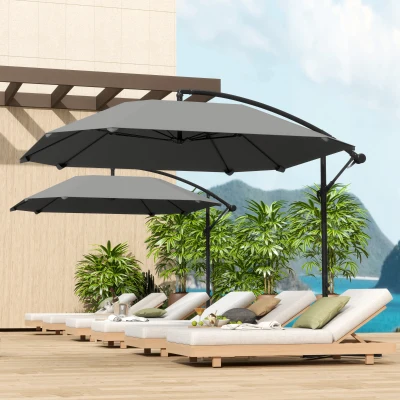 Outsunny Parasol descentrado 3 m, parasol de jardín exterior inclinable, Base, Manivela, tela de poliéster 180 g/m², Gris Oscuro