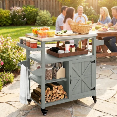 Outsunny Carrinho de jardim carrinho de churrasco com rodízios com tampo em aço inoxidável 107x49,5x92,5cm cinza