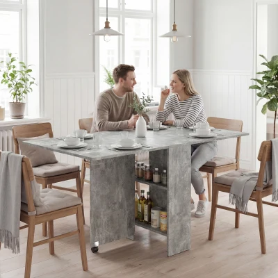 HOMCOM Folding Dining Table with Shelves, Cement Grey