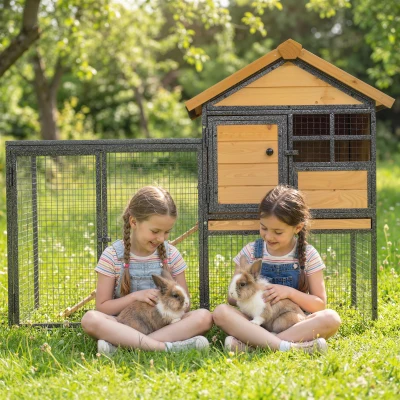 Pawhut Konijnenhok Tweevoudige Waterdichte Anti-slip Verhoogd Afsluitbare Deur Buiten Hout Metaal Bruin