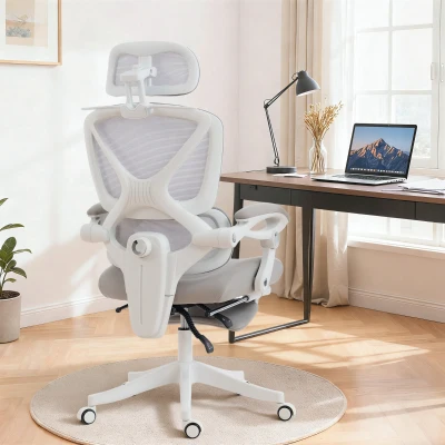 HOMCOM Silla de Escritorio de Malla Reclinable con Reposacabezas Soporte Lumbar Reposapiés y Altura Regulable Gris Claro