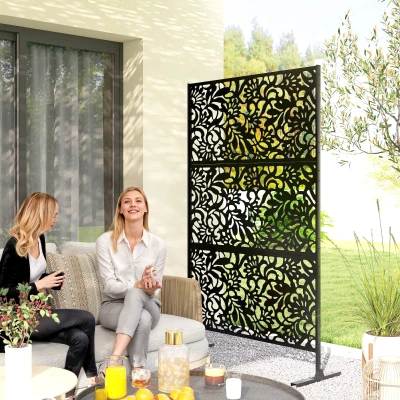 Outsunny Decorative Outdoor Privacy Panel Garden Claustra 3 Panels Floral Pattern Steel 122 x 45 x 198 cm Black