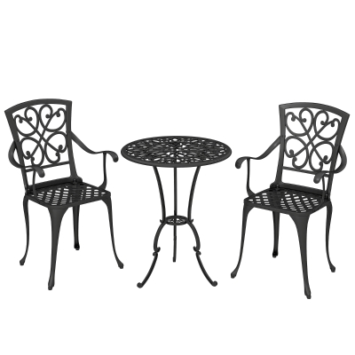 Outsunny 3-Piece Garden Bistro Set, Round Bistro Table with 2 Chairs & Umbrella Hole, Antique Cast Aluminum