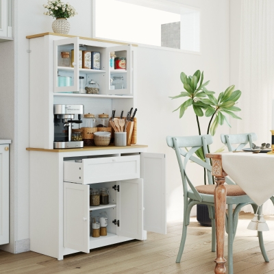 HOMCOM Keukenkast 100cm met Vitrine en Lade Landhuisstijl Natuur Wit