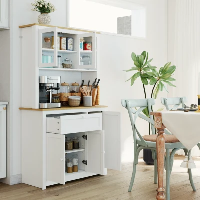 HOMCOM Keukenkast 100cm met Vitrine en Lade Landhuisstijl Natuur Wit