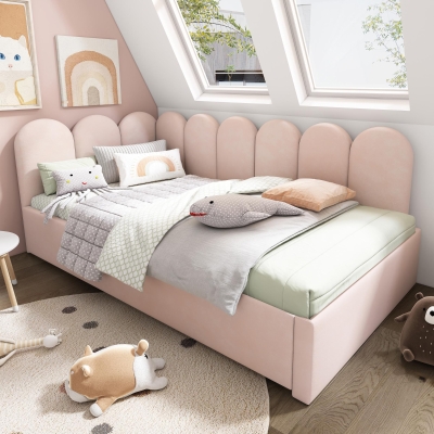 Letto singolo imbottito con letto estraibile, Rosa