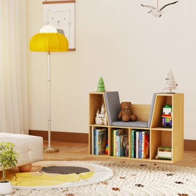 HOMCOM Kinderboekenkast 2-in-1 Kinderrek Speelbank 103 cm incl. Kussens Grijs Naturel