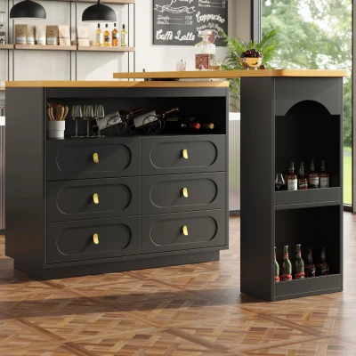 Mesa de bar extensible con 360°-función giratoria, 6 cajones y estante lateral para aperitivos, 137-203x39x90 cm, Negro