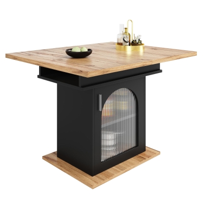 Mesa de comedor extensible con 3 niveles de almacenaje y puertas de vidrio, 110-140x80x76 cm, Negro