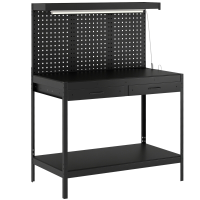 HOMCOM Banc de lucru 110 cm cu panou perforat, banc robust cu șină de prize și iluminare LED, Negru