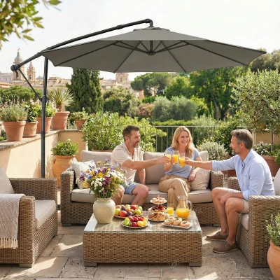 Outsunny 3 m Garden Cantilever Parasol with Cover, Round Overhanging Umbrella with 360° Rotation, Tilt, Grey