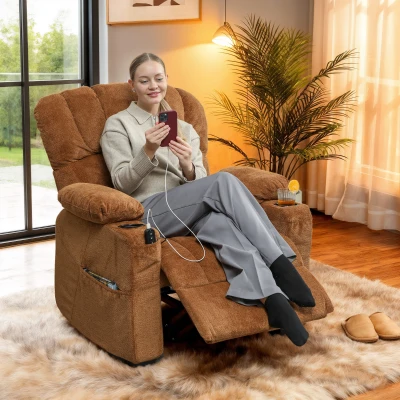 HOMCOM Poltrona Relax Reclinável Elétrica com Função Memória Apoia-Pés Controlo Remoto Bolsos Laterais Porta USB Porta-Copos Castanho