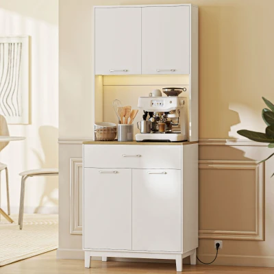 HOMCOM Alacena de Cocina con Luces LED Estación de Carga 4 Puertas Cajón Encimera Abierta 71x40x180 cm Blanco