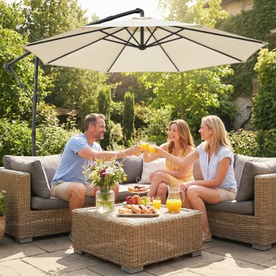 Outsunny 3 m Garden Cantilever Parasol with Cover, Round Overhanging Umbrella with 360° Rotation, Tilt, Cream White