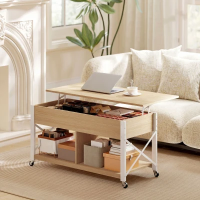 HOMCOM Mesa de Centro Elevatória com Rodas Compartimento Oculto e Prateleiras Abertas 105x50x67 cm Madeira e Branco