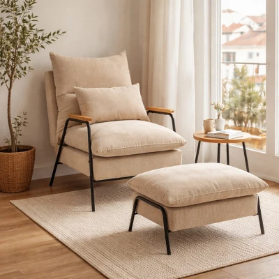 HOMCOM Poltrona Relax com Apoio para os Pés Poltrona Reclinável com Encosto Ajustável Estofada em Veludo 68x91,5x88cm Bege