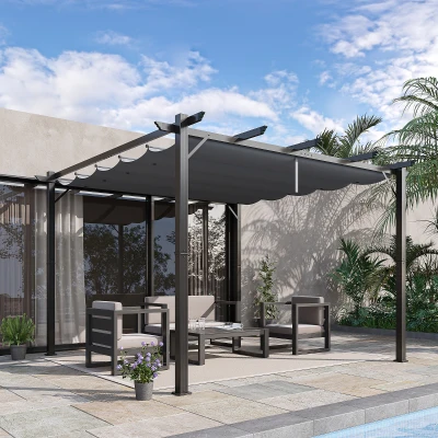 Outsunny Pérgola de Jardim 3x3 m com Telhado Retrátil Proteção UPF30+ Drenagem Estrutura de Alumínio para Pátio Exterior Cinzento Escuro