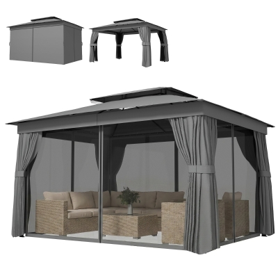 Outsunny Pavillon 3,8x3m Double Toit Gris Foncé Jardin Hiver