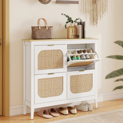 HOMCOM Meuble à Chaussures 20 Paires Rotin Blanc 105x24x95,5 cm