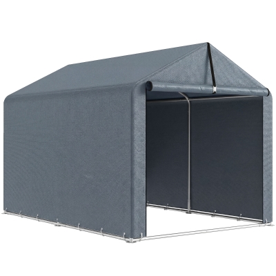 Outsunny Tenda Garagem 2,2x1,6 m Impermeável Tenda para Equipamentos com Porta Enrolável Telhado a Duas Águas Estrutura de Aço Resistente aos UV Cinza Escuro