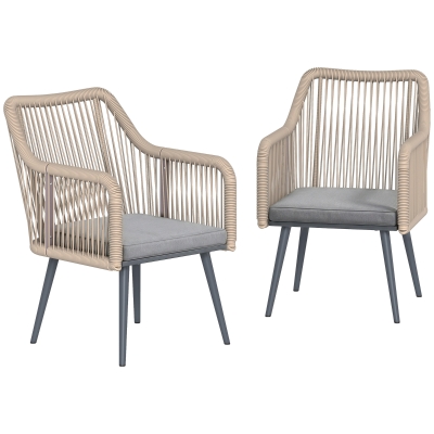 Outsunny Conjunto de 2 Cadeiras de Jardim Exterior em Vime com Almofadas Apoios de Braço e Estrutura de Aço 54x65x80 cm Cinza