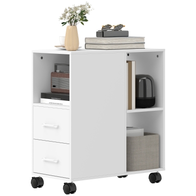 HOMCOM Table d'Appoint Blanc avec Roulettes et Tiroirs 60x30x65cm