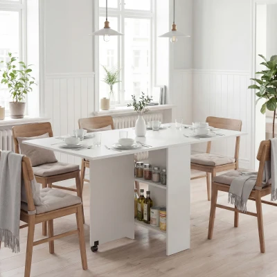 HOMCOM Mesa Plegable de Comedor con Ruedas Alas Abatibles y Estantes para 4-6 Personas 75x140x74 cm Blanco