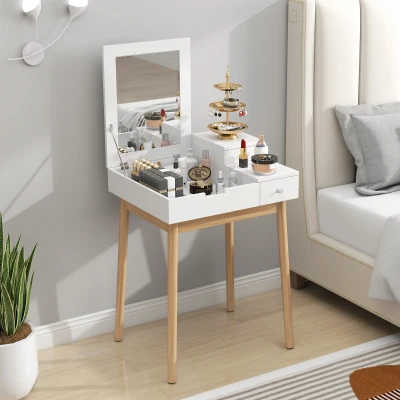 HOMCOM Coiffeuse Scandinave Miroir Pliable Blanc 60x50x86cm