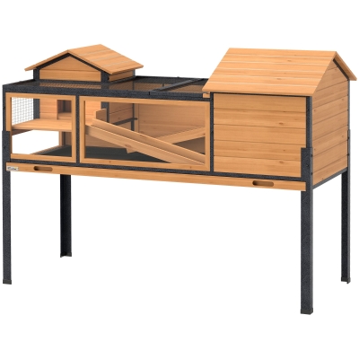 PawHut Maison Tortue 2 Étages Bois Jaune avec Rampes