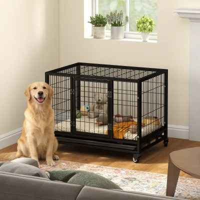 PawHut Jaula de Metal para Perros con Ruedas y Frenos Bandeja Extraíble y Puerta con Pestillo para Golden Retriver Labrador 92x62x75 cm Negro