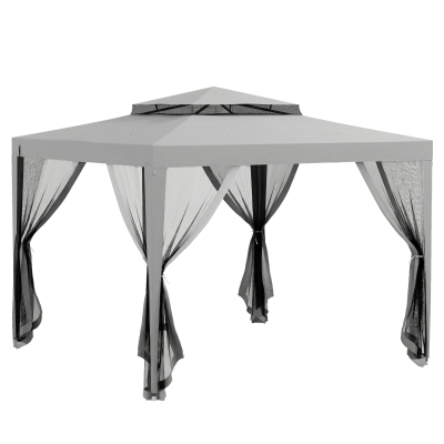 Outsunny Carpa de Jardín 3x3 m Cenador Gazebo con 4 Mosquiteras Laterales Techo Doble 8 Orificios de Drenaje Marco de Metal Gris